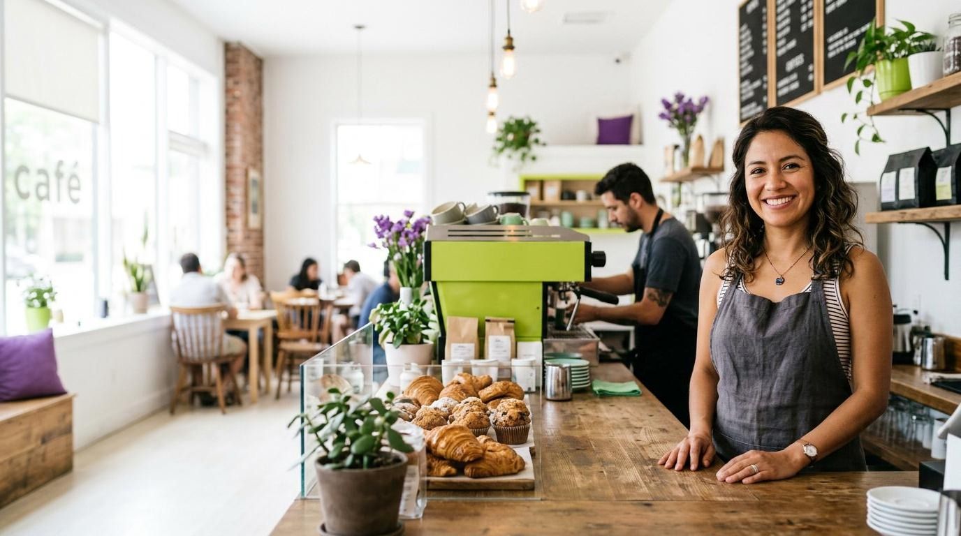Dueña de una cafetería sonriendo detrás del mesón