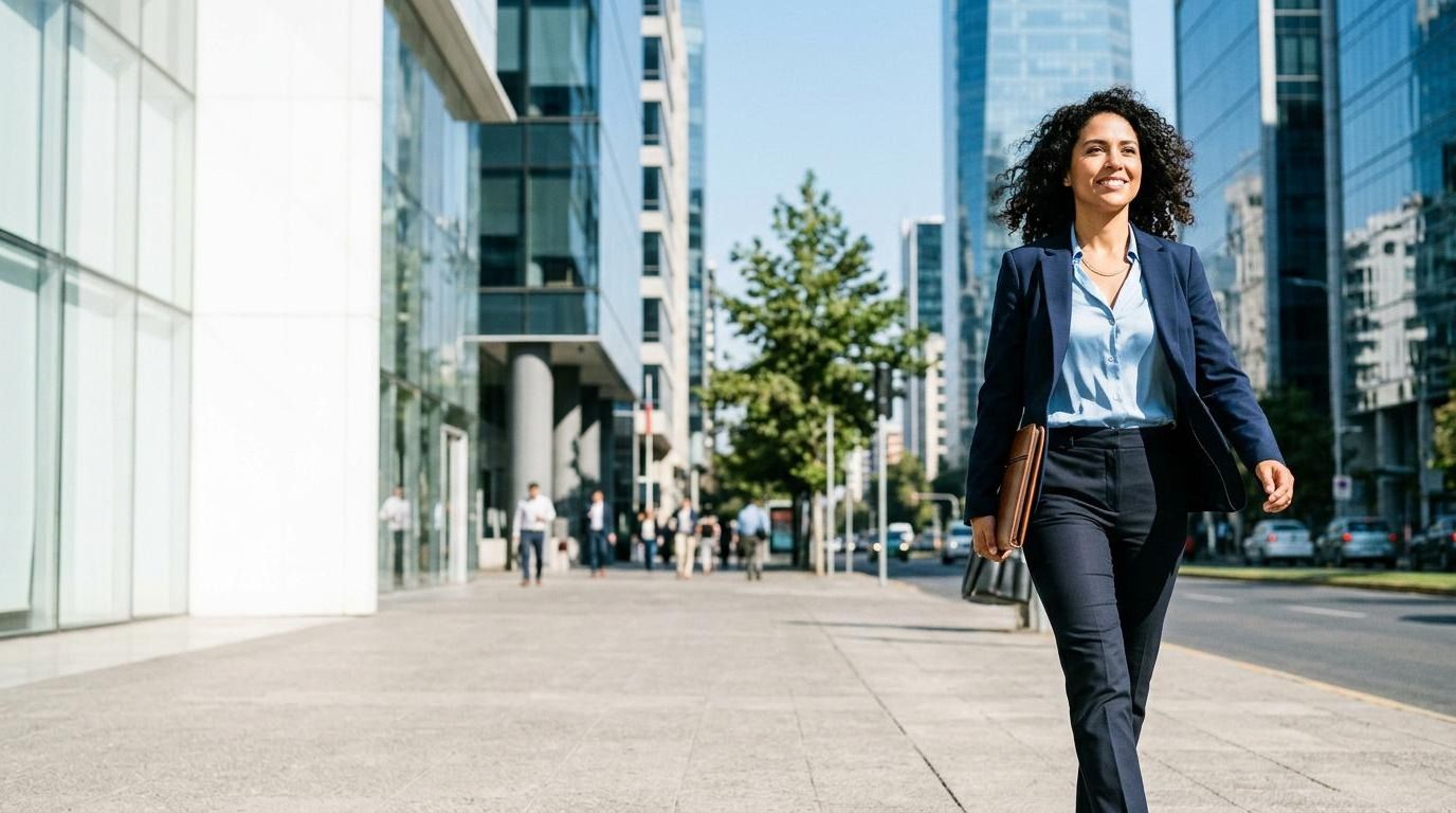 Ejecutiva caminando con su carpeta entre edificios de oficinas