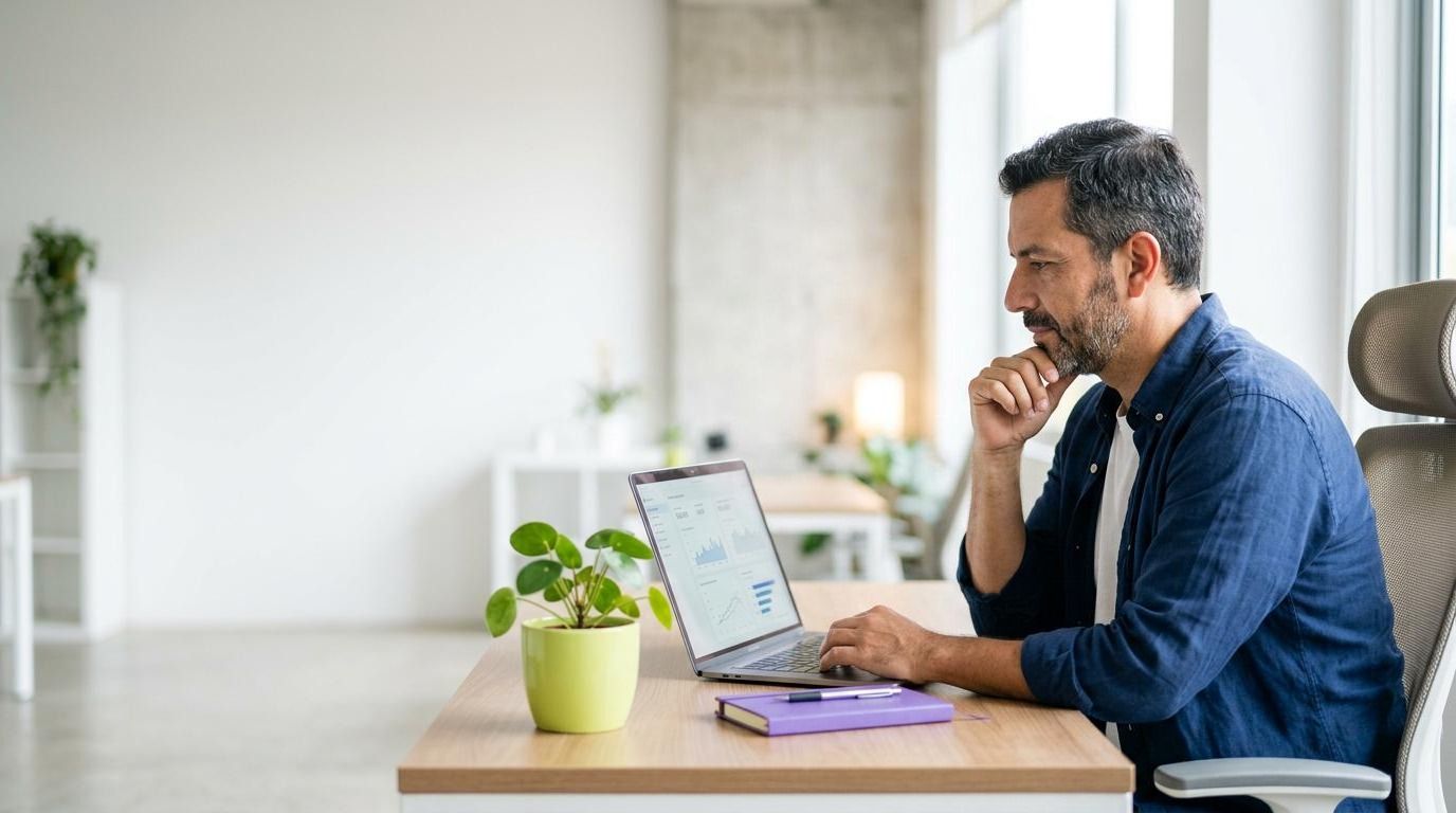 Hombre pensativo frente a su computador revisando gráficos